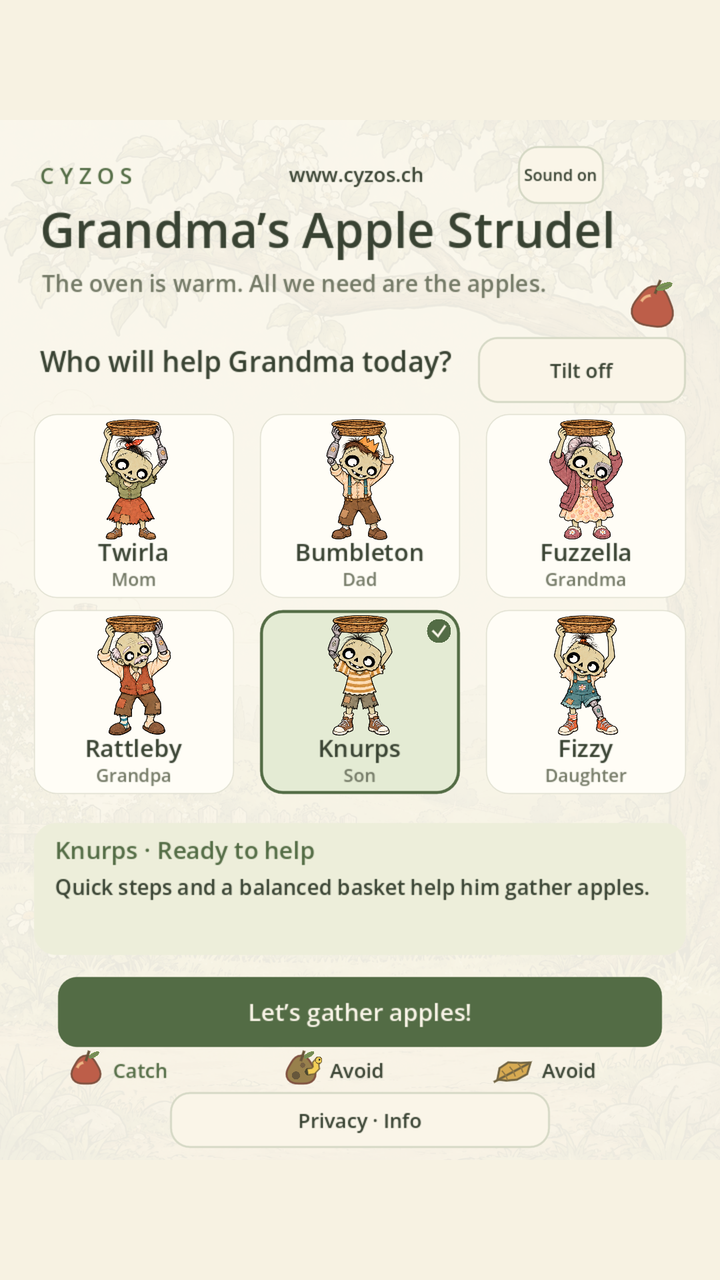 Character selection in Grandma’s Apple Strudel with all six CYZOS family members