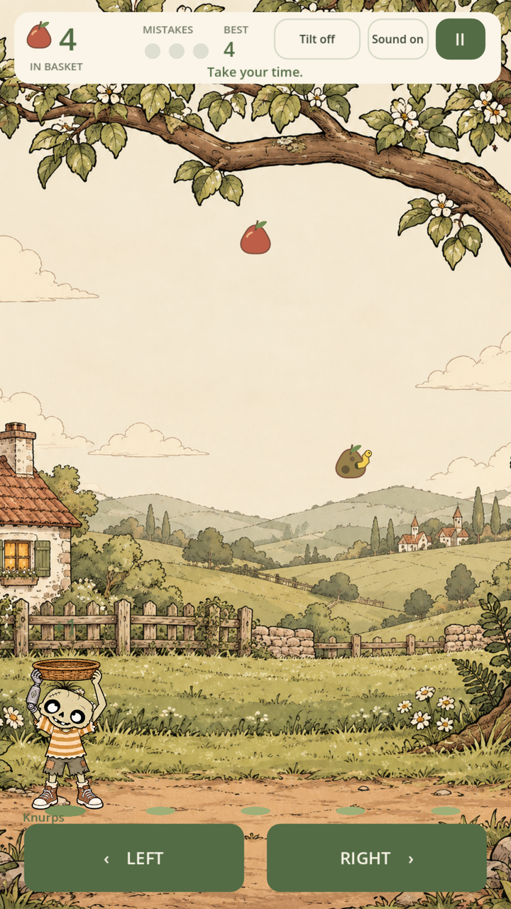 Knurps catching apples with a basket beneath the illustrated apple tree in Grandma’s Apple Strudel